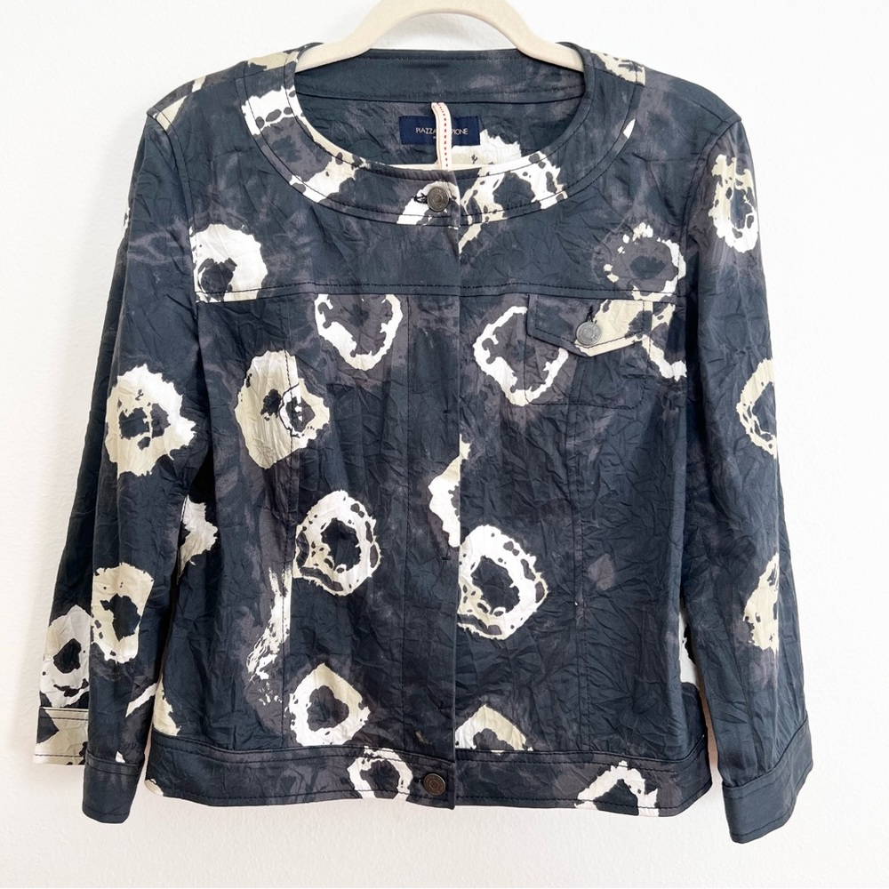 PIAZZA SEMPIONE Crinkle Texture Cotton Jacket, Size US 10, Gray/Cream Print